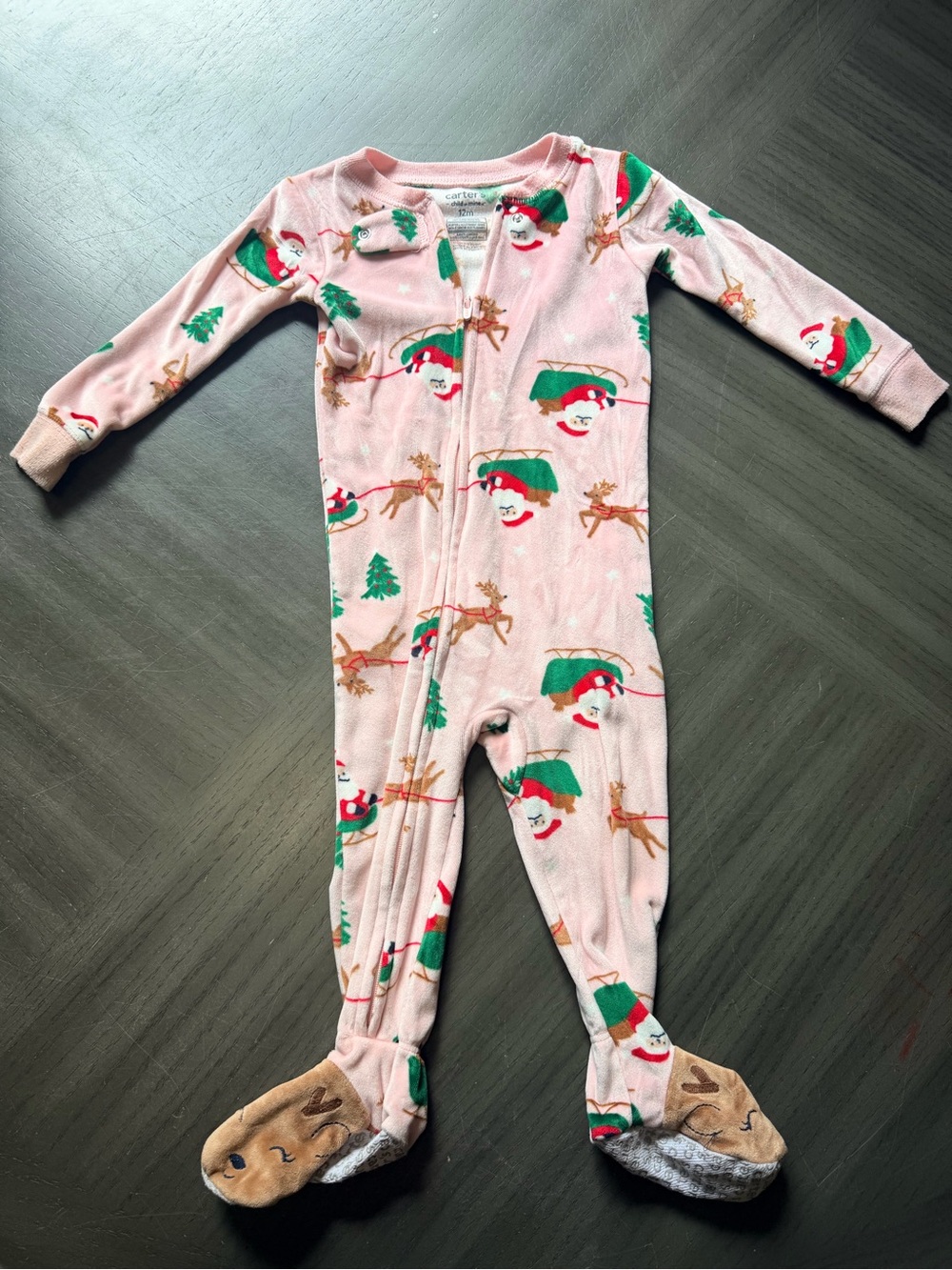 Carter's Pink Holiday Reindeer & Santa Footed One-Piece